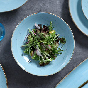 Blue Stoneware 36/46 Ounce Salad Bowl Deep Porcelain Soup Plate