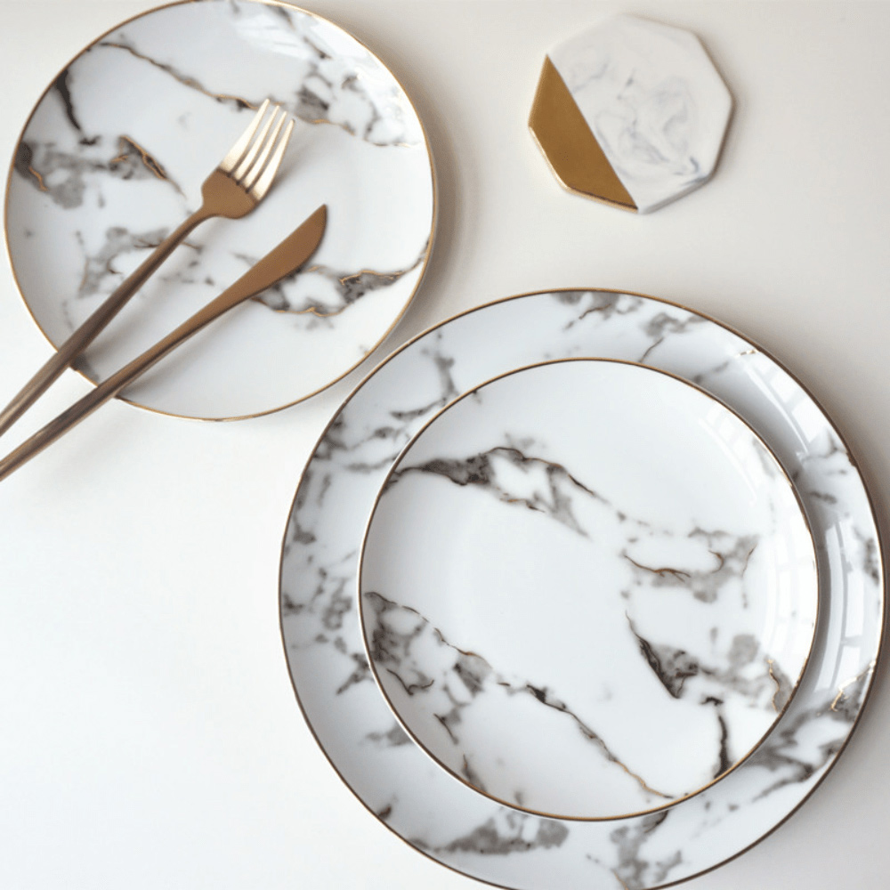 Gold Decal Dinnerware Plates Grey Ceramic Plate With Gold Rim Marble Natural Design