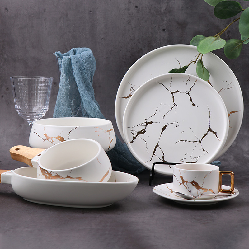 Restaurant Dinnerware Set Party Dinner Set Marbled Dinnerware Sets Nordic Glazed Dinner Plates and Bowls Sets, Oven/Dishwasher Safe 