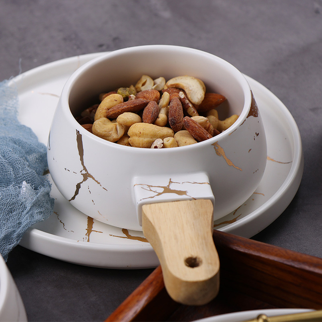 White Ceramic Bowl With Wood Handle
