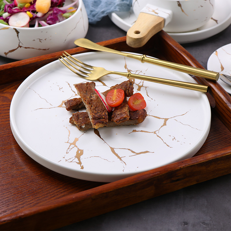 Modern Gilded Marbled Round Dinner Plate Ceramic Pasta Steak Plate Hotel Restaurant Tableware Western Dishes Kitchen Utensils