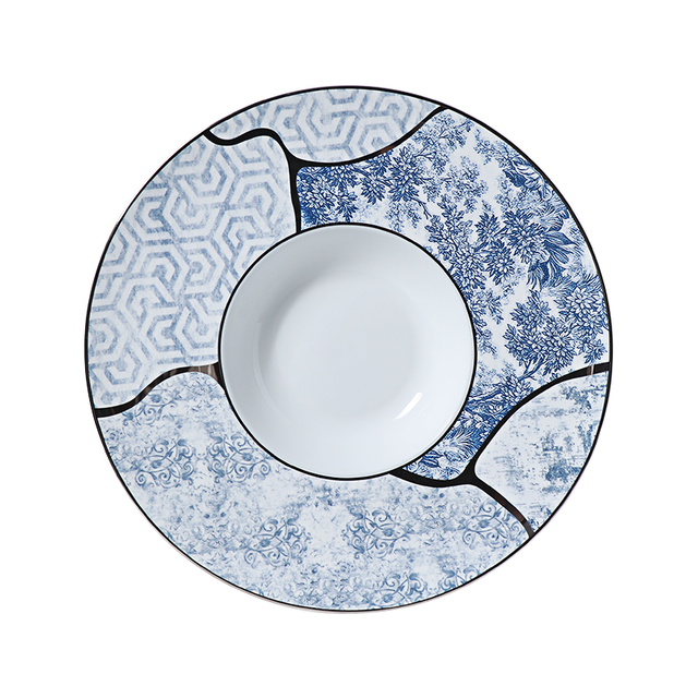 Restaurant Supplier Blue And White Bone China Dinner Set Soup Plate