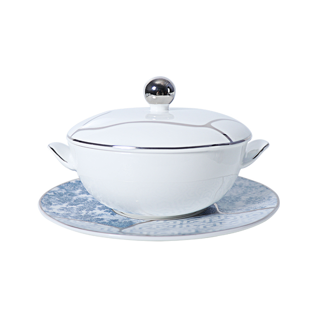 XINIXN Ceramic Bowl Oval Soup Bowl Lid Bone China Tureen Bowl with Saucer