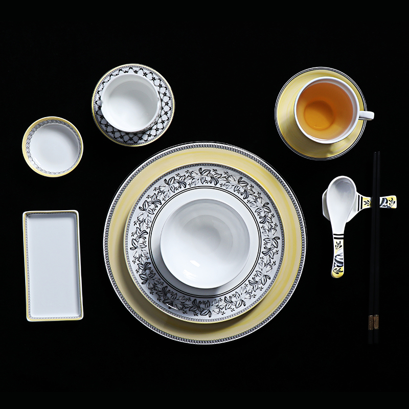 MING Dinnerware Set Faint Yellow Ceramic Round Plate Bone China Dinner Plate Set