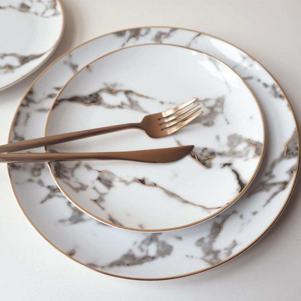 Wholesale Luxury Grey Marble Restaurant Ceramic Dinner Set With Gold Rim