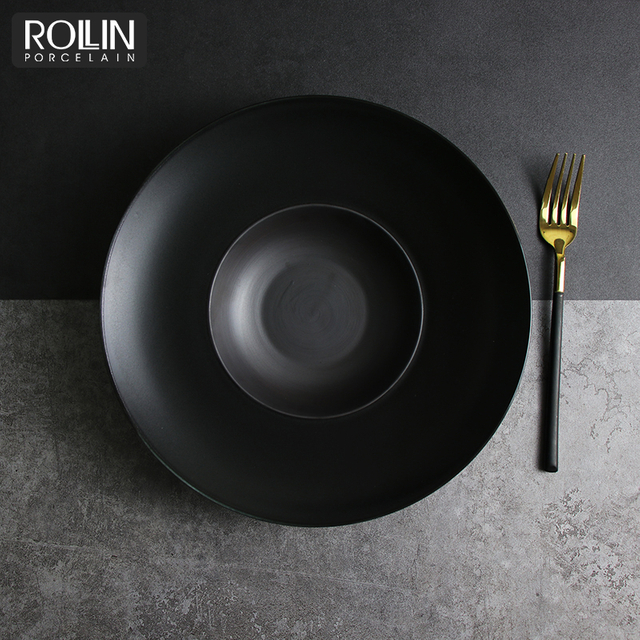 Matte Black French Pasta Plate With Wide Rim Ceramic Soup Plate for Restaurant