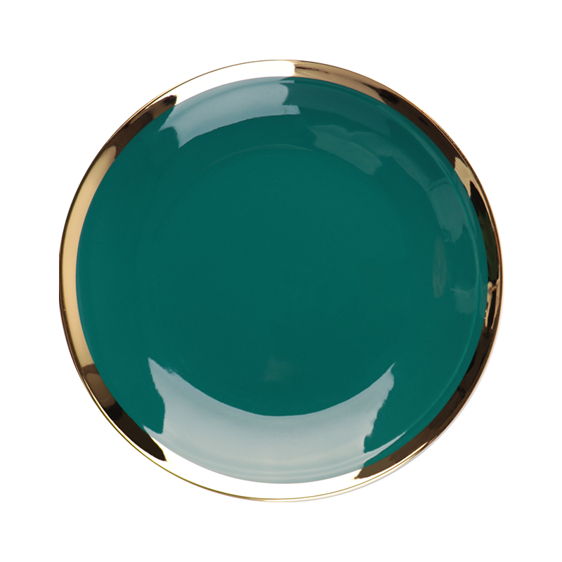 Irregular Green Color Ceramic Round Dinner Plate with Gold Rim