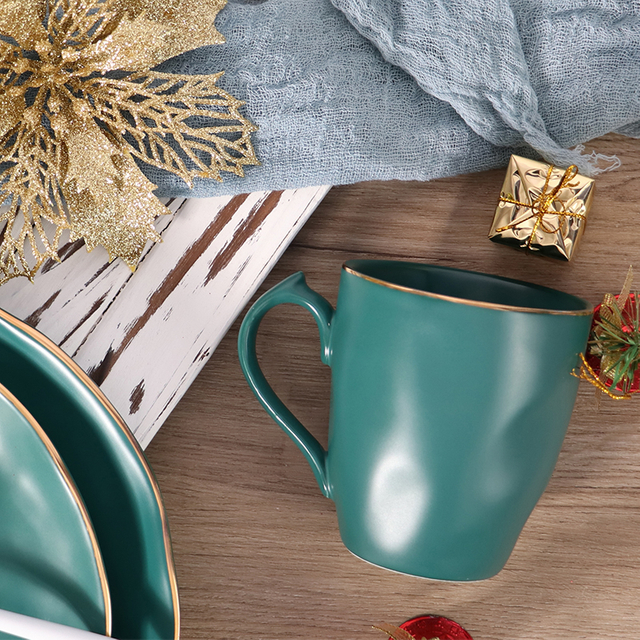 Porcelain Gold Rim Mugs Christmas Green Ceramic Cups