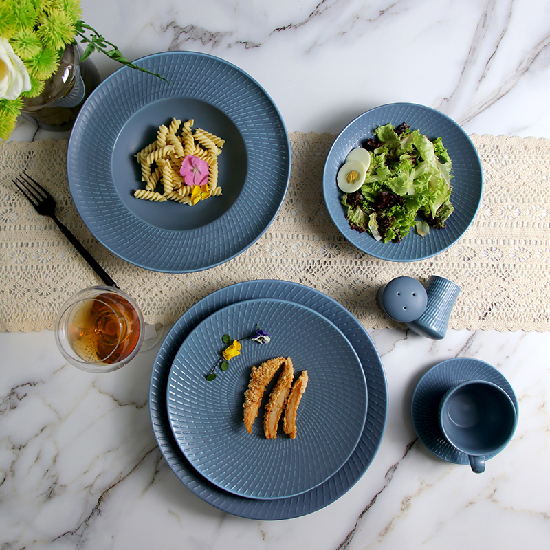 Modern Royal Blue Porcelain Dinnerware Set For Sale