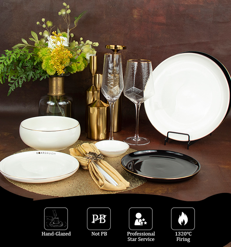 Gold Rim White And Black Porcelain Dinner Plate Set Dinnerware for Wholesale