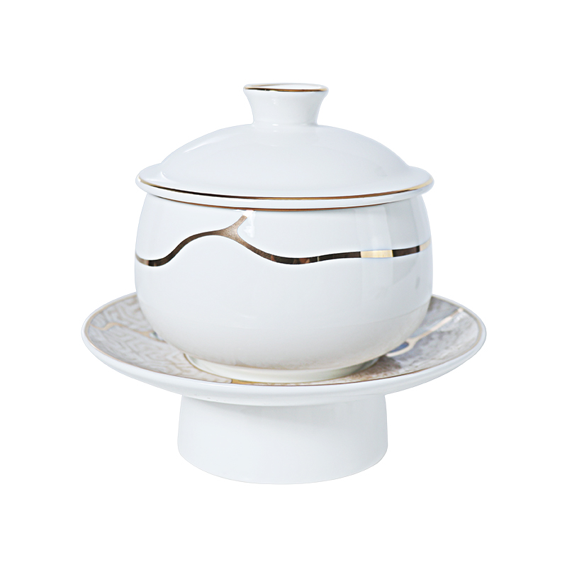 FURUI Bone China Tureen High Foot Soup Bowl with Saucer