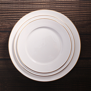 GOLD Trim White Ceramic Plate Customized Restaurant Name Logo Porcelain Dinner Plate 