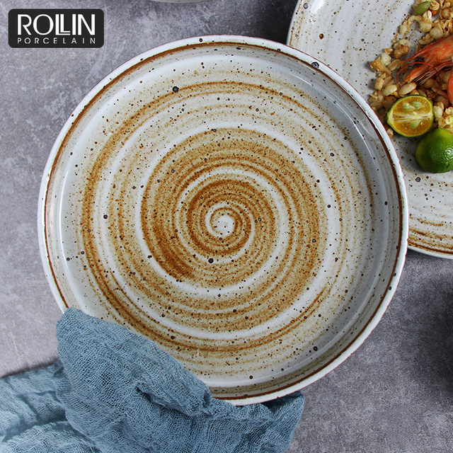 Vintage Stoneware Straight Rim Plate for Restaurant, Cake Plates, Salad Plate, Steak Plates