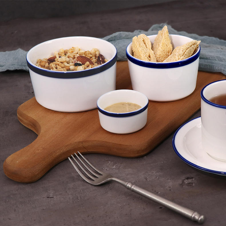 Catering porcelain serving plate with blue border