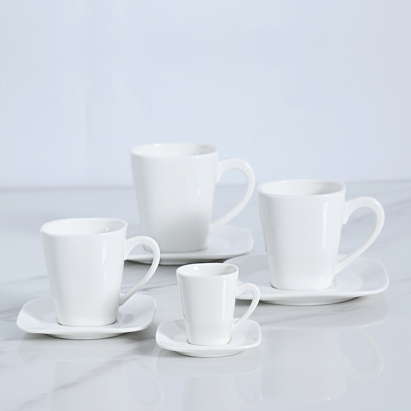 White porcelain coffee cup with square saucer modern tableware