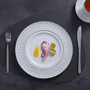 Michelin Restaurant Dinnerware Bone China Sky Light Blue Dinner Plates Gold Rim Spot Tableware For Hotel