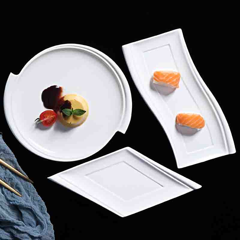 White irregular porcelain dinner plate for hotel and restaurant tableware